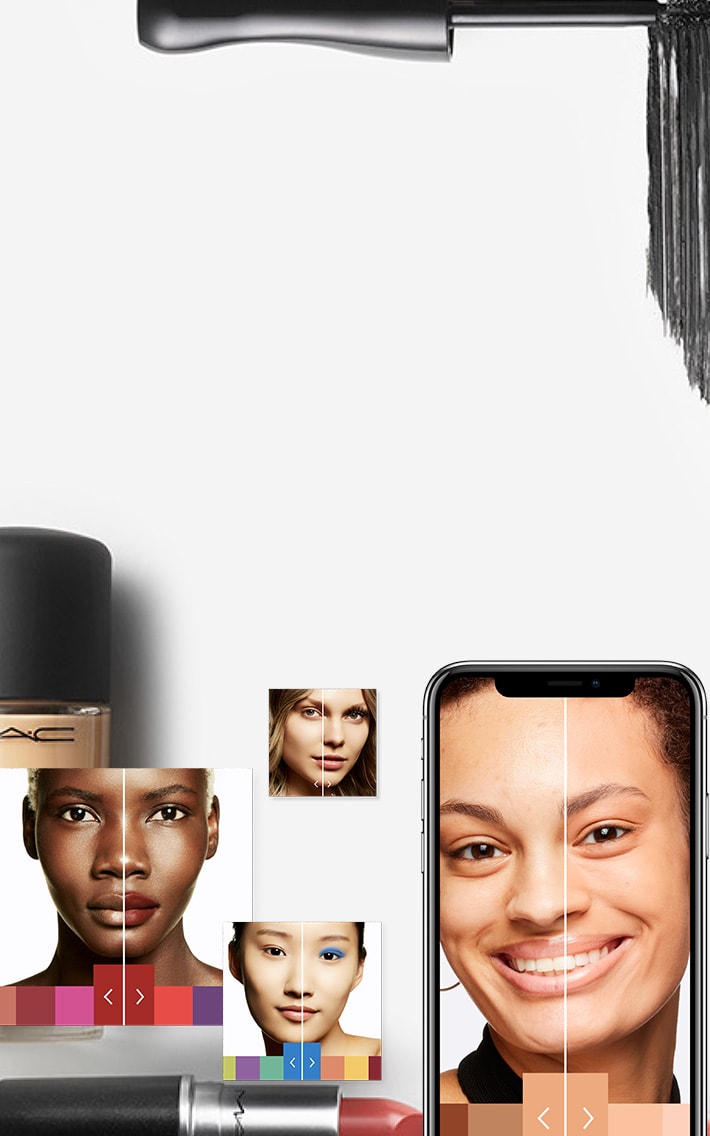 Square crops of different models using Virtual Try On, surrounded by MAC icons and swatches